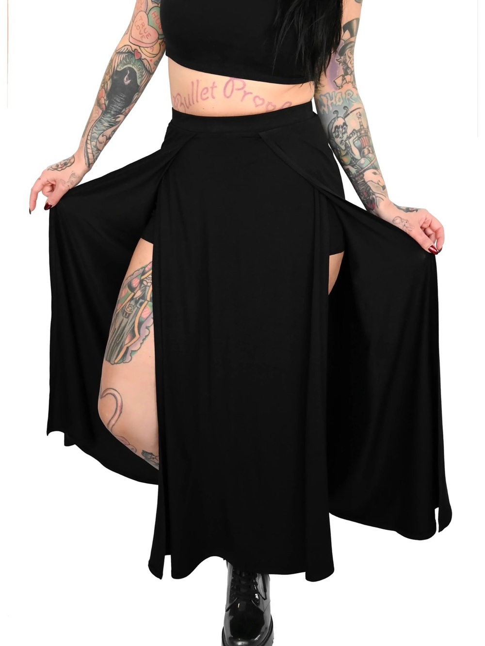 Foxblood Darla Black Maxi Side Slit Built In Shorts Goth Alternative Skirt 2XL